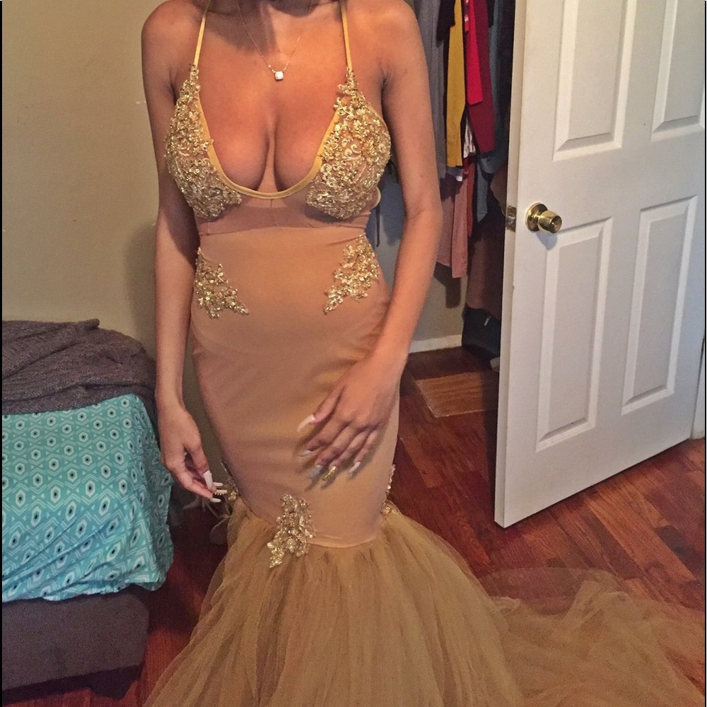 Gold beaded prom dress